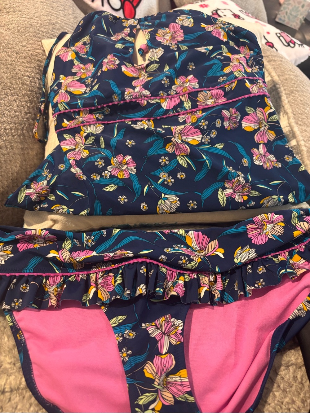 Womans ' Navy Floral Swim Bottoms with Pink Trim